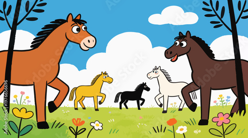 Whimsical Naive Art Horses in Flower Meadow Illustration for Children's Books