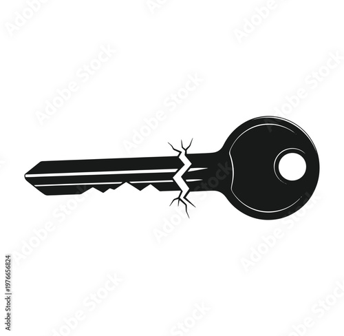 Cracked key with broken teeth on white background