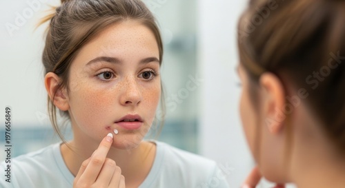 A teenage girl with freckles looking in the mirror and applying white spot treatment cream to a blemish on her chin.