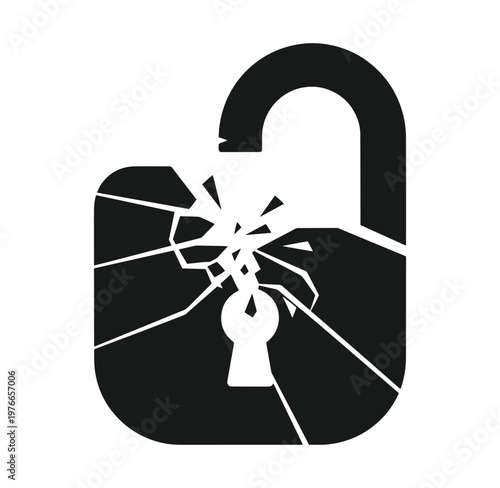 Cracked padlock icon with broken glass effect and keyhole  security breach symbol