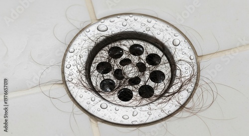 Strands of dark hair collected on a round silver shower drain with water droplets. Concept of hair loss, shedding, and bathroom maintenance.