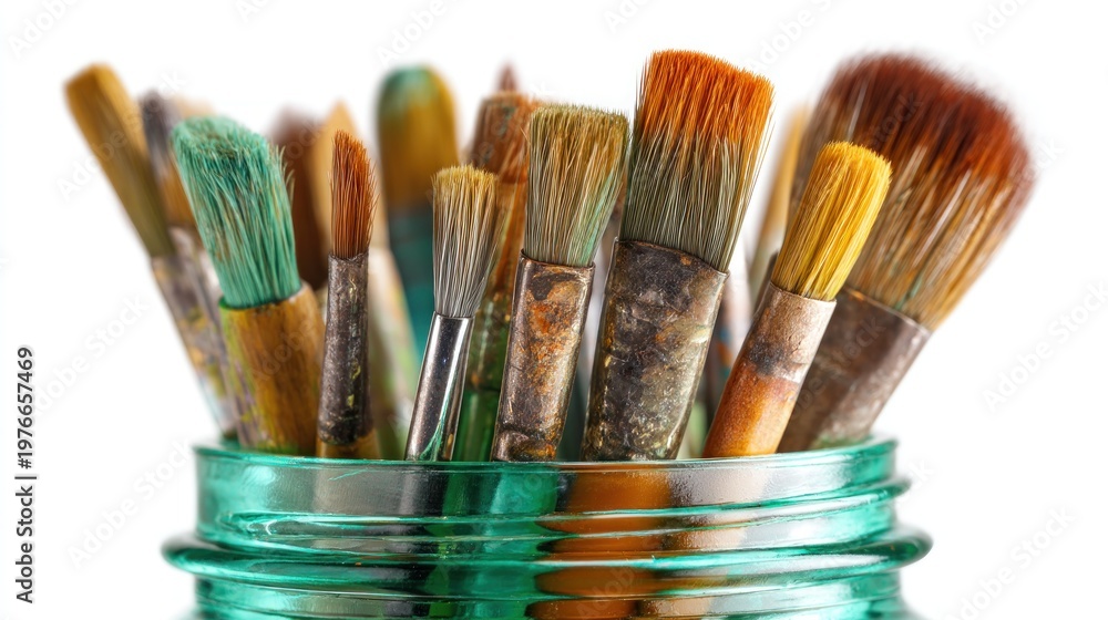 Fototapeta premium A close-up of various paint brushes, in different sizes and conditions, standing up in a green, textured glass jar against white