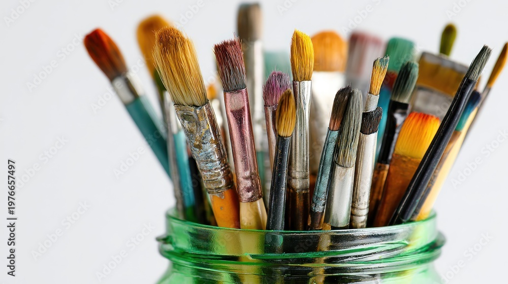 Obraz premium Close-up shot of an assortment of paintbrushes standing upright inside a clear, green-tinted glass jar, viewed against a soft white backdrop