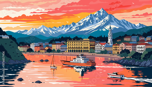 Pixel Art Landscape of a Coastal Town with Mountains at Sunset, isolated on transparent background