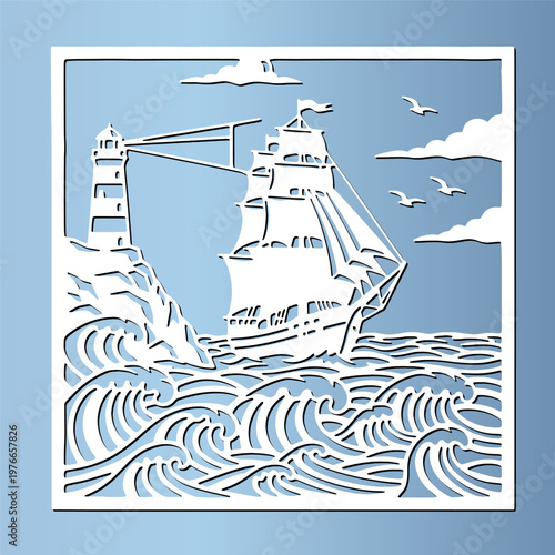 Sailboat at sea with lighthouse and waves. Ocean adventure concept for laser cut, cnc cutting, square panel. Marine vector illustration