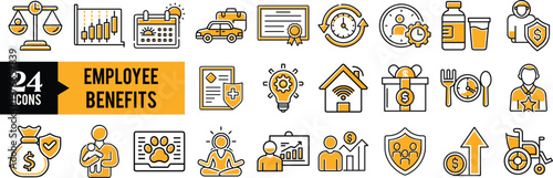 Employee Benefits Icon Set – HR, Compensation, Insurance, Rewards and Workplace Benefits Vector Collection