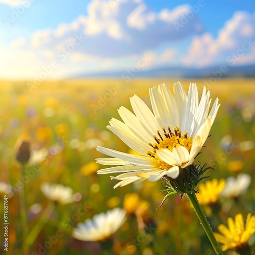 A close-up of a white daisy in a sunny field with blurred background