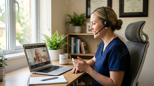 Nurse with headset on video call with senior patient at home office desk