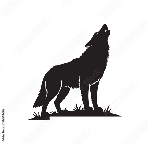 black silhouette of a wolf standing on grass and howling at the sky