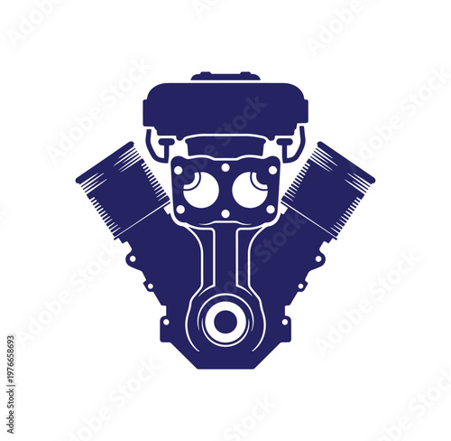 Blue motorcycle engine illustration with cylinders and crankshaft  mechanical design element