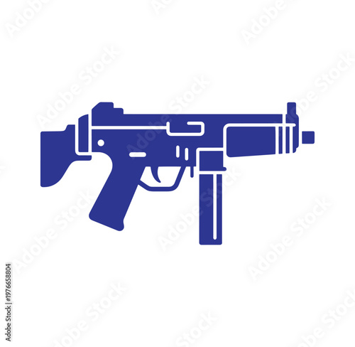 Blue silhouette of a semiautomatic pistol with white outlines on white background