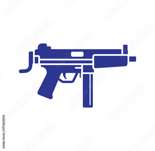 Blue silhouette of a handgun with white outline on white background