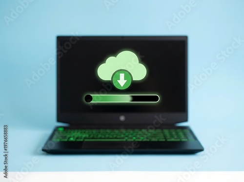 Laptop computer with cloud download icon on screen and progress bar  technology and data transfer concept