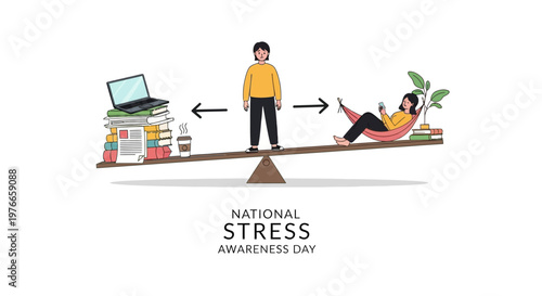 Conceptual vector illustration celebrating National Stress Awareness Day depicts a person balancing on a seesaw between work and relaxation, symbolizing stress management and mental