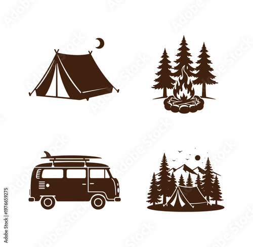 brown silhouettes of camping and traveling icons including tent and van