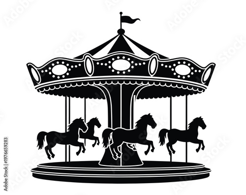 A classic vintage carnival carousel ride featuring several horses suspended for a spinning journey, detailed vector illustration with ornate decorations, nostalgic fairground atmosphere