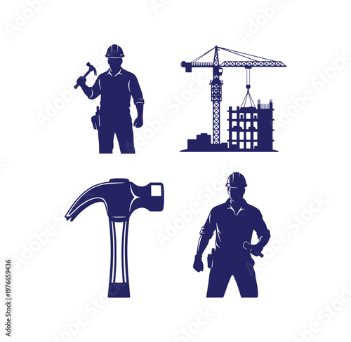 construction workers with tools and crane on construction site