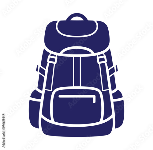 Dark blue backpack icon with white outline on transparent background for travel or school purposes