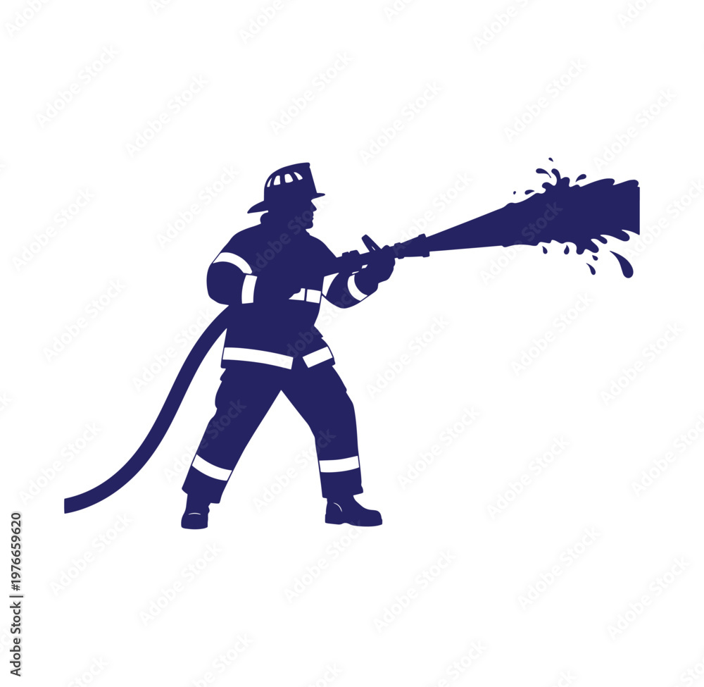 Obraz premium Firefighter in uniform spraying water from hose nozzle to extinguish flames in emergency situation
