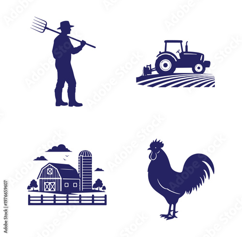 farm icons set with farmer tractor rooster and barn silo  agricultural symbols
