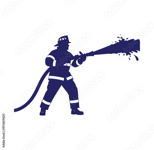 Firefighter in uniform spraying water from hose nozzle to extinguish flames in emergency situation