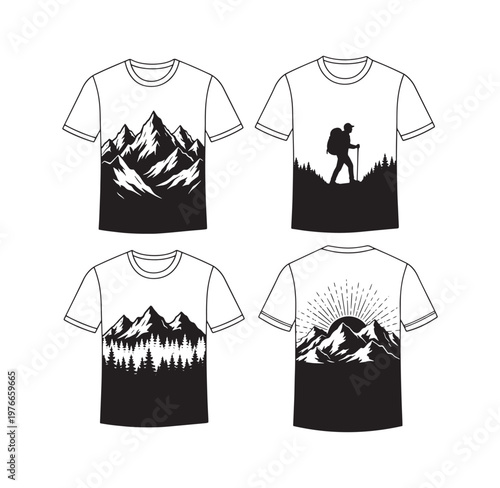four black and white t shirts with mountain and forest designs on white background
