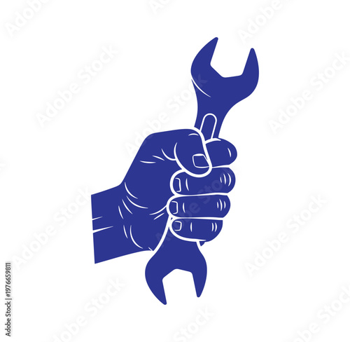 Hand holding adjustable wrench in blue silhouette on white background