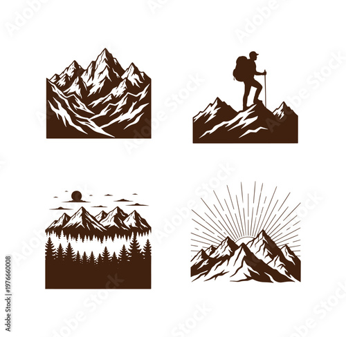 mountain landscape icons with silhouettes of mountains trees and hiker