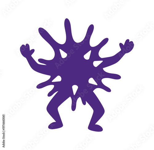 Purple abstract splatter character dancing with raised arms and bent legs