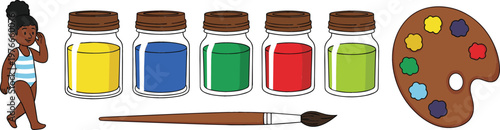 Artist paint palette with colorful paint jars brush and cute girl character cartoon vector illustration for art education creativity concept