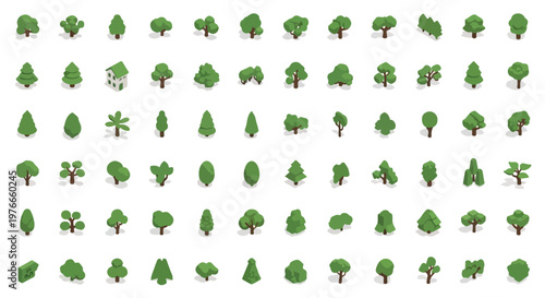 Isometric green tree icons set, 72 low poly nature elements in EPS format, 3D forest and garden vegetation collection for map design