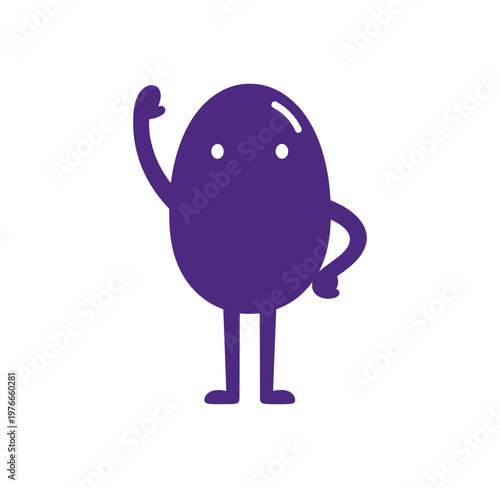 Purple cartoon character with one arm raised and smiling face standing alone