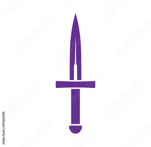 Purple dagger icon with pointed tip and crossguard on white background