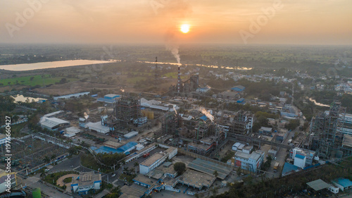 Industrial zone Nagda drone shot
Factory smokestacks daytime aerial