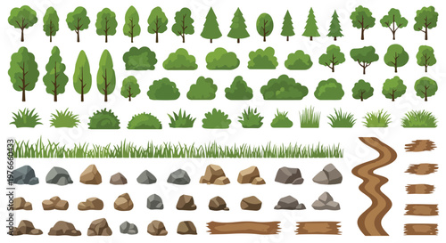 Flat nature landscape elements set, green trees and bushes collection, forest vegetation with rocks and dirt paths, outdoor environment vector kit