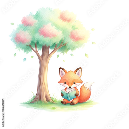 Charming watercolor illustration of a cute fox reading a book under a blossoming tree in the spring.