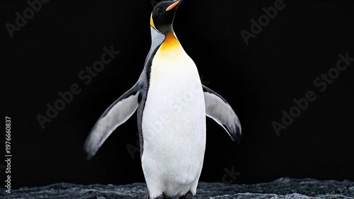 Majestic Emperor Penguin Flapping Flippers on Black Background