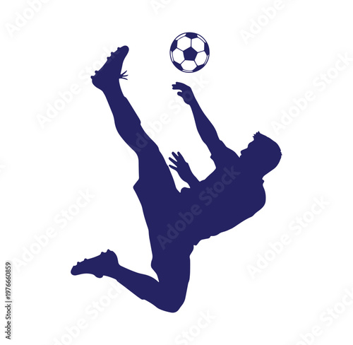 Soccer player kicking ball in mid air motion silhouette graphic