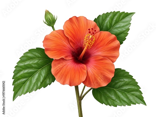 Orange hibiscus flower with green leaves and bud on stem isolated on white background
