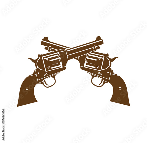 Two brown revolver guns crossed over each other in a symbolic pose