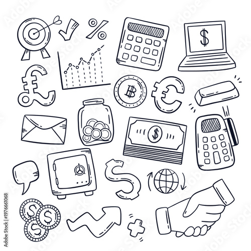 Hand Drawn Finance and Banking Icon Set with Bitcoin Gold Bar Target and Handshake Vector

Doodle Style Financial Element Collection Featuring Laptop Safe Box and Payment Terminal Icons