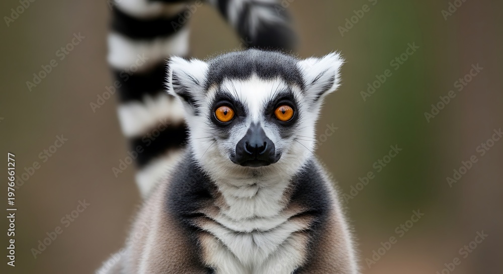 Fototapeta premium Close up of a ring tailed lemur with striking orange eyes and striped tail