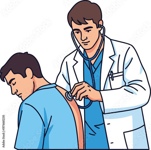 Doctor examining patient with stethoscope on back.