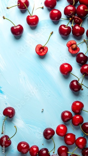 Close-up of fresh, ripe cherries scattered on a light blue painted surface
