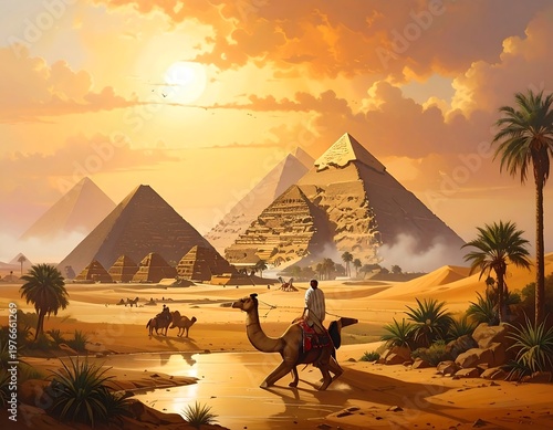 A serene desert landscape with pyramids and camel