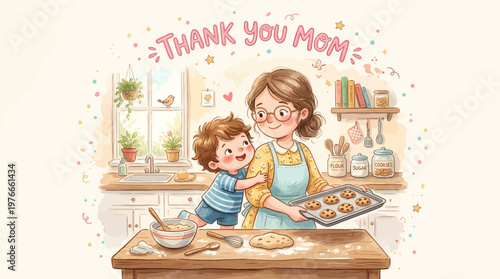A heartwarming illustration celebrating motherhood and the joy of baking together, perfect for Mother's Day