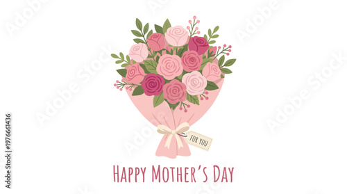 Graceful illustration of a hand-tied flower bouquet featuring lush pink and red roses, elegantly presented for conveying appreciation and warm wishes