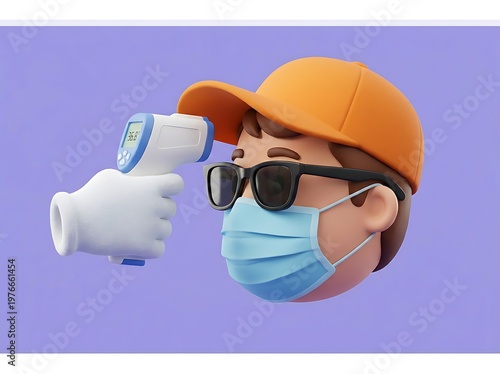 Person wearing face mask and cap being temperature checked with infrared thermometer gun during coronavirus pandemic  health and safety measures