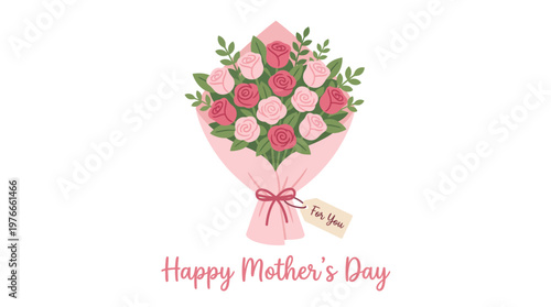 Delightful illustration of a freshly picked bouquet of blooming pink and red roses, beautifully presented for a heartwarming Mother's Day celebration