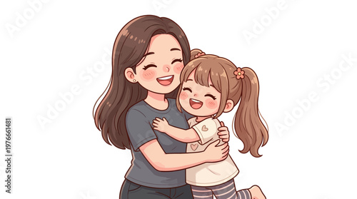 Heartwarming Illustration of a Loving Mother Embracing Her Happy Daughter, Symbolizing Unbreakable Family Bonds and Pure Affection